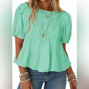 Womens Puff Sleeve Peplum Babydoll Top